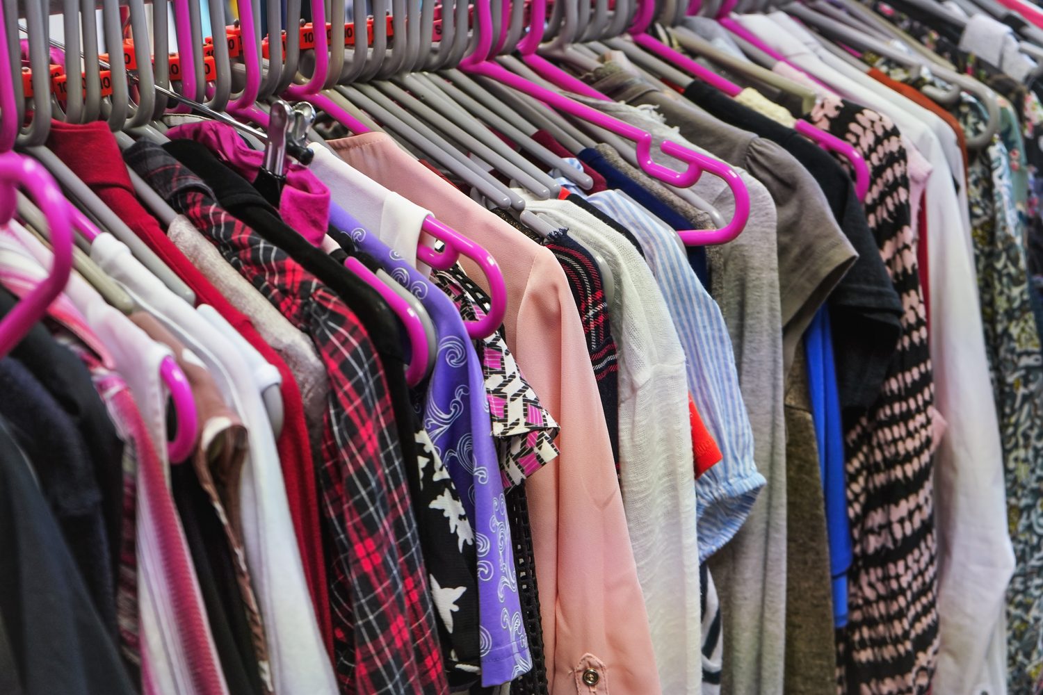 Clothing on hangers at a thrift shop