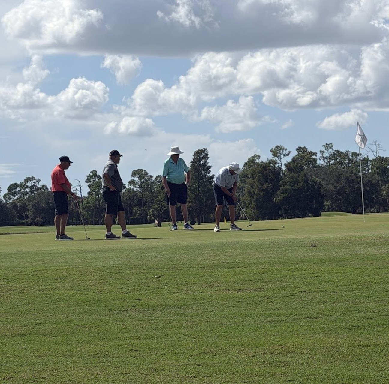 Four golfers putting on the green at the Drive Out Hunger tournament