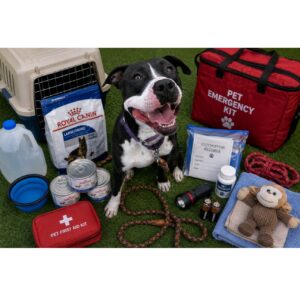 Dog beside a pet hurricane kit with carrier, food, water and first aid supplies
