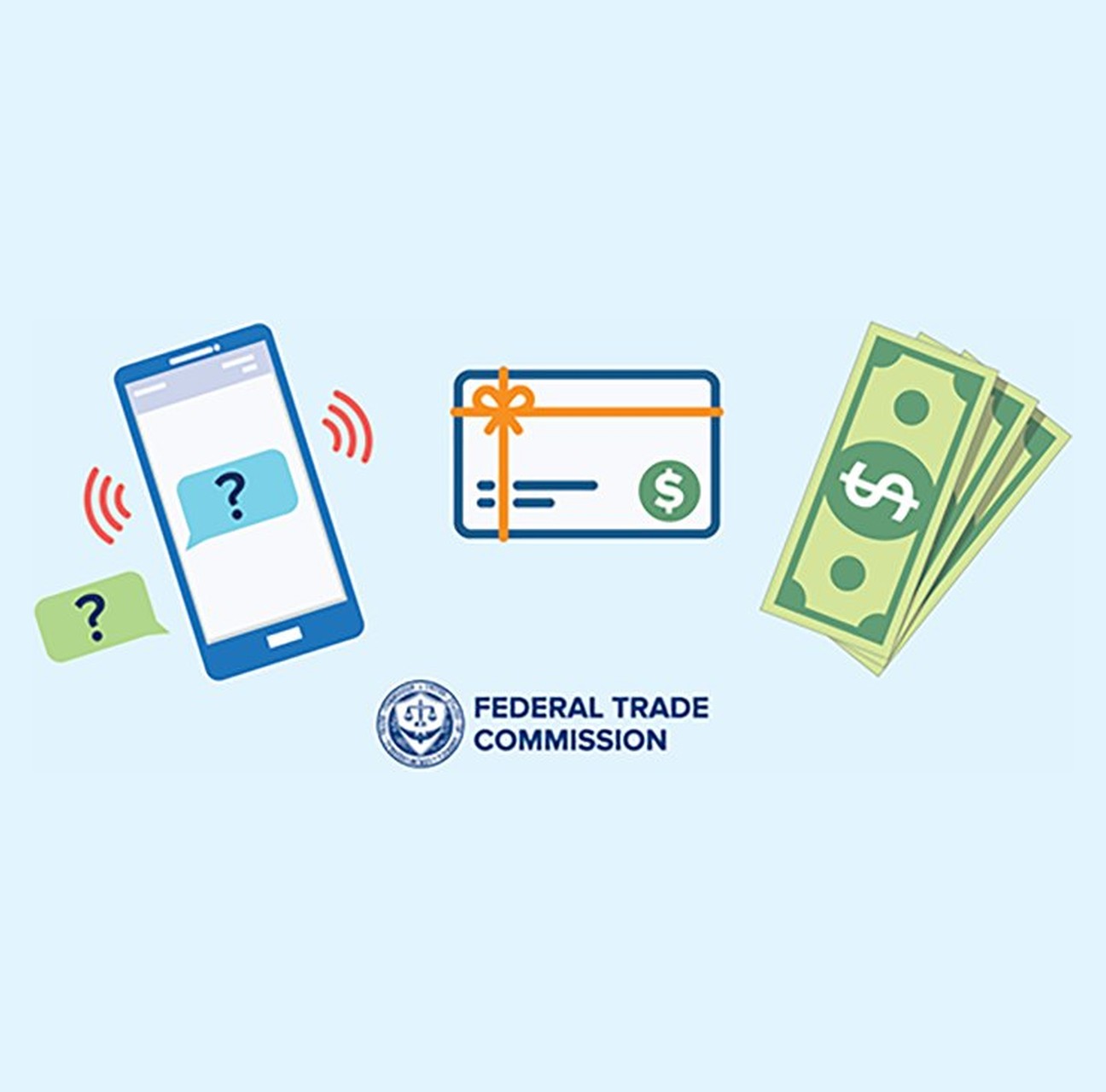 Federal Trade Commission artwork showing a phone, a check and cash