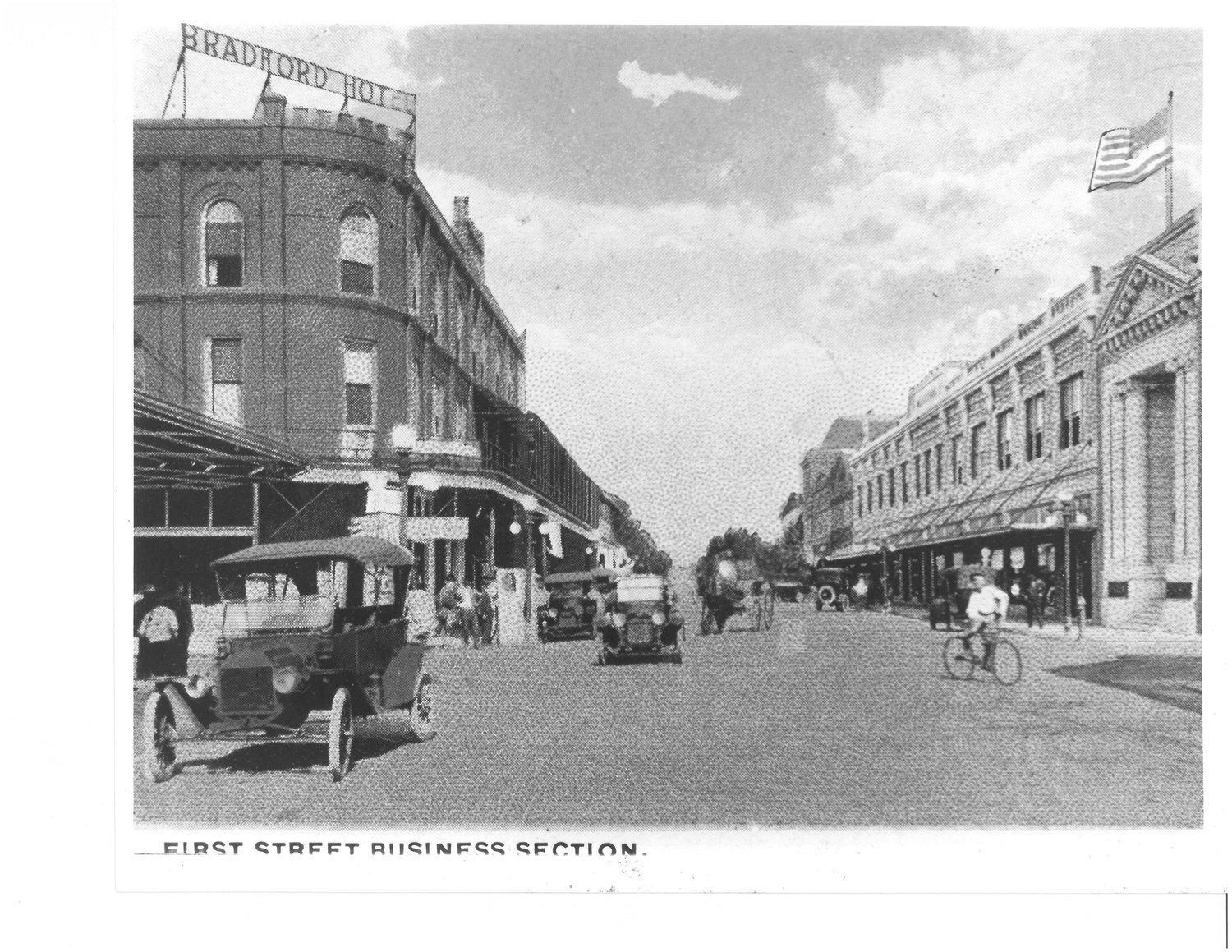 Bradford Hotel and the First Street business section, early 1900s