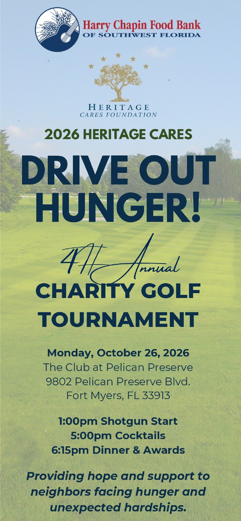2026 Heritage Cares Drive Out Hunger Charity Golf Tournament flyer