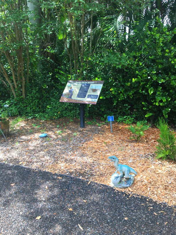 Interpretive sign and a small dinosaur statue along the IMAG garden path