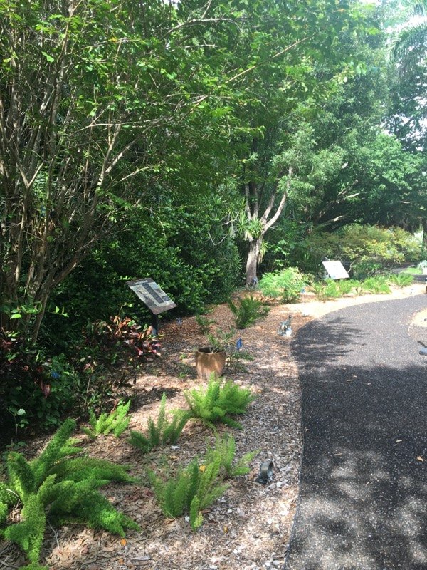 Walking path with two interpretive sign panels at IMAG Backyard Nature