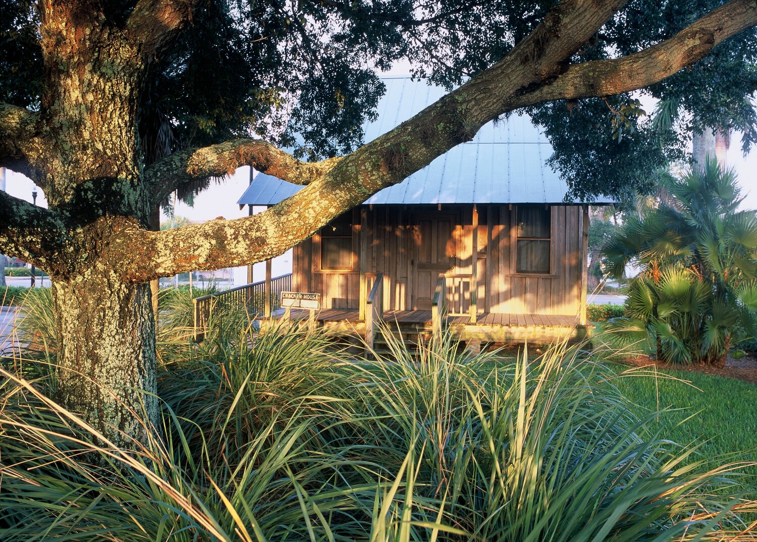 Replica Florida Cracker house with wide porches and a metal roof beneath a live oak