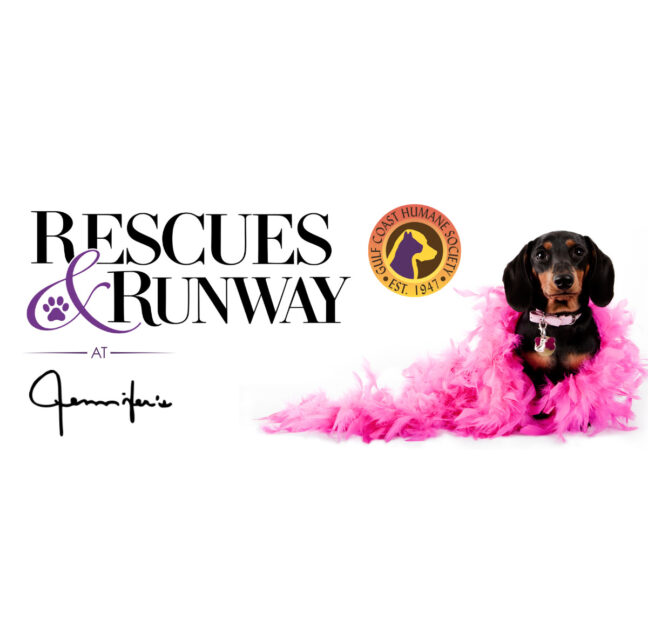 Dachshund in a pink feather boa with Rescues & Runway and Gulf Coast Humane Society logos