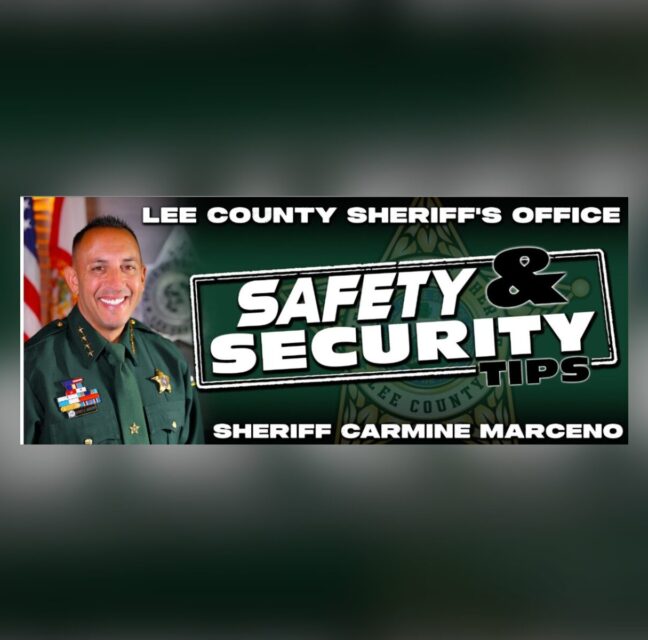 Lee County Sheriff’s Office Safety and Security Tips banner featuring Sheriff Carmine Marceno