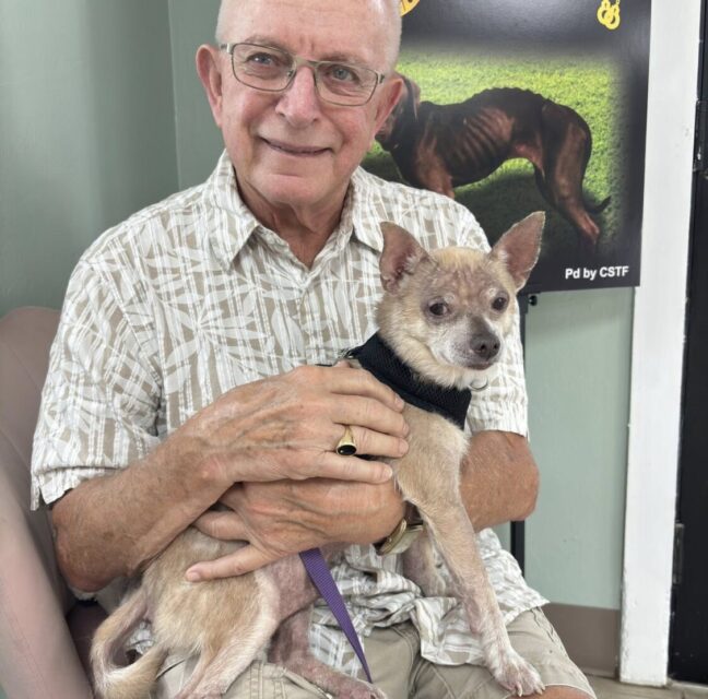 Smiling man holding a small tan chihuahua at Gulf Coast Humane Society