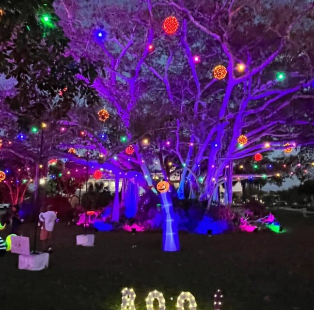 Trees lit in purple and green with a BOO sign for Happy Haunts in Bonita Springs